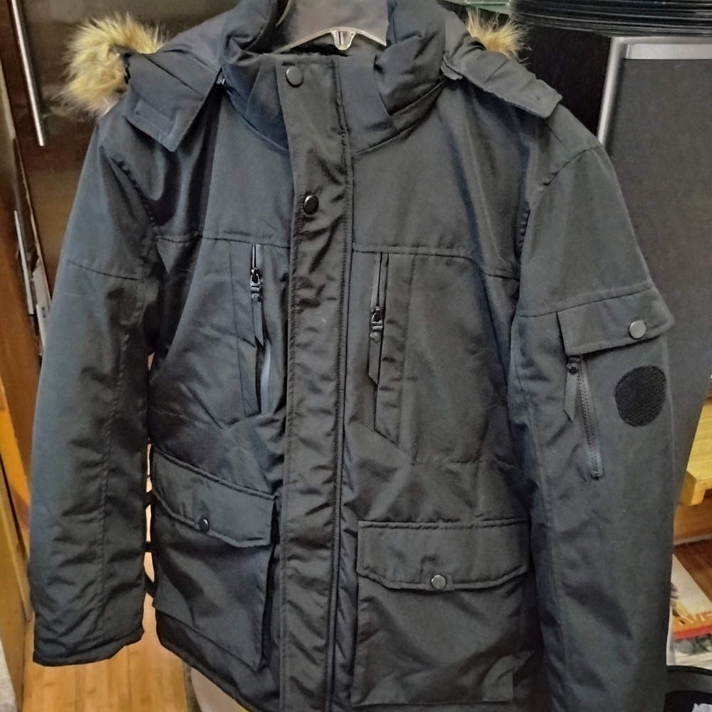 Men's Black Hooded Bomber Jacket with Faux-Fur Trim
